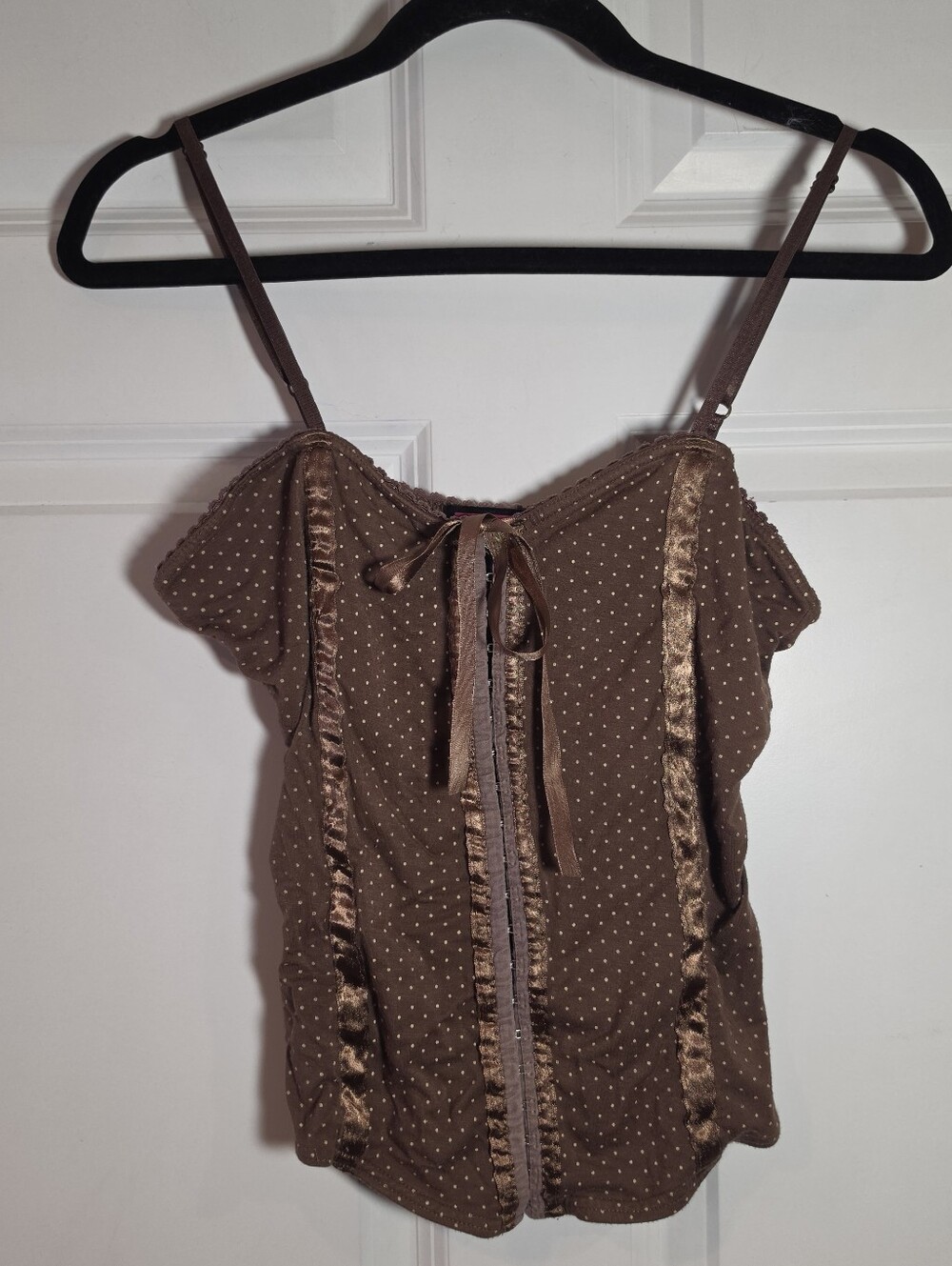 Say Anything Vintage Y2k Brown Polka Dot Spaghetti Strap Women's Top L
